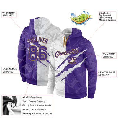 Custom Stitched Graffiti Pattern Purple-Old Gold 3D Sports Pullover Sweatshirt Hoodie