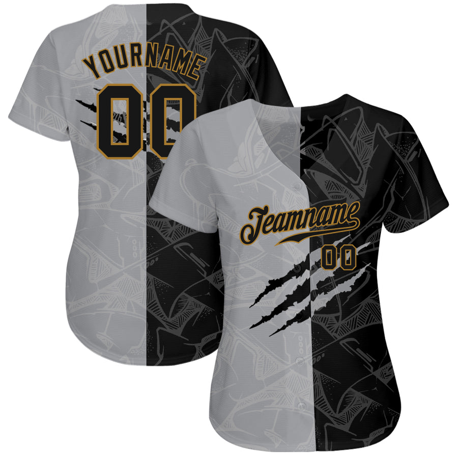 Custom Graffiti Pattern Black-Old Gold 3D Authentic Baseball Jersey