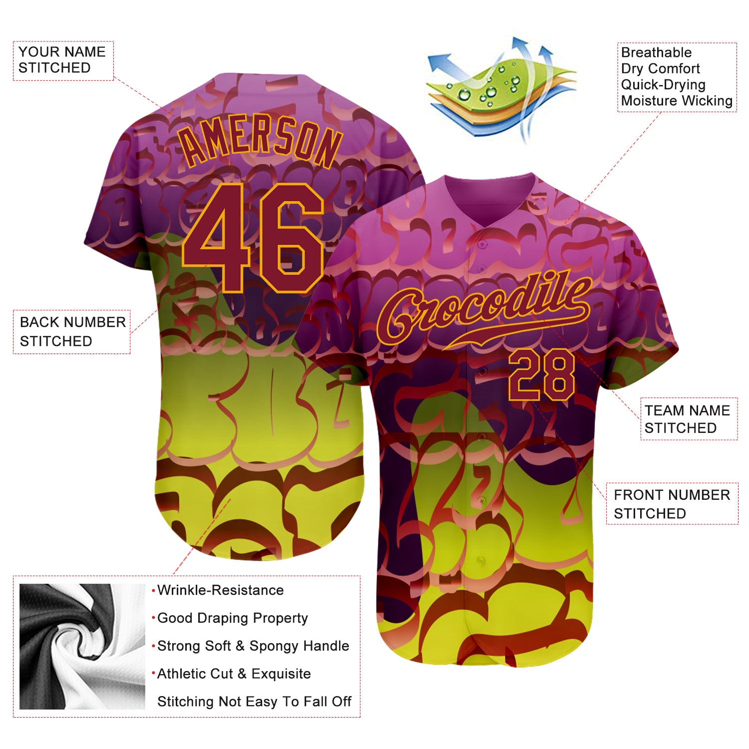 Custom Graffiti Pattern Crimson-Gold 3D Authentic Baseball Jersey