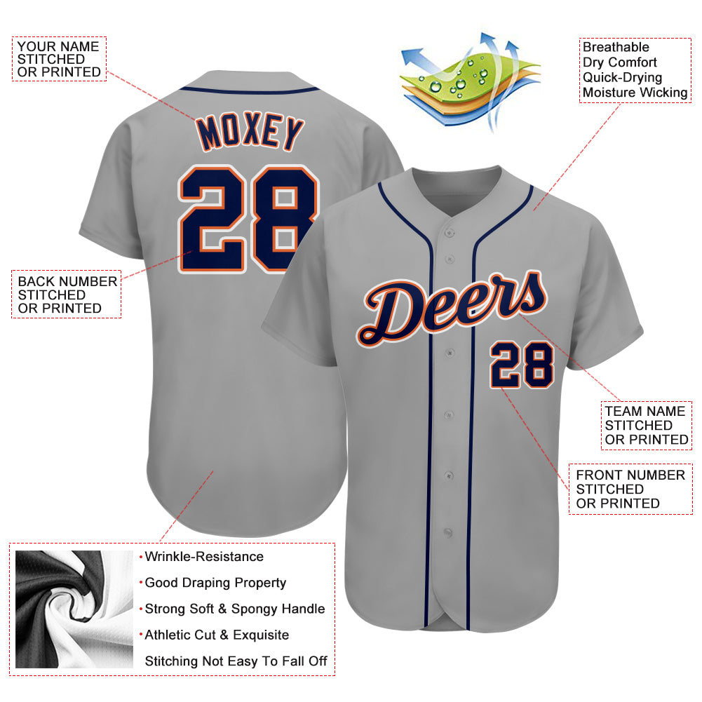 Custom Gray Navy-Orange Authentic Baseball Jersey