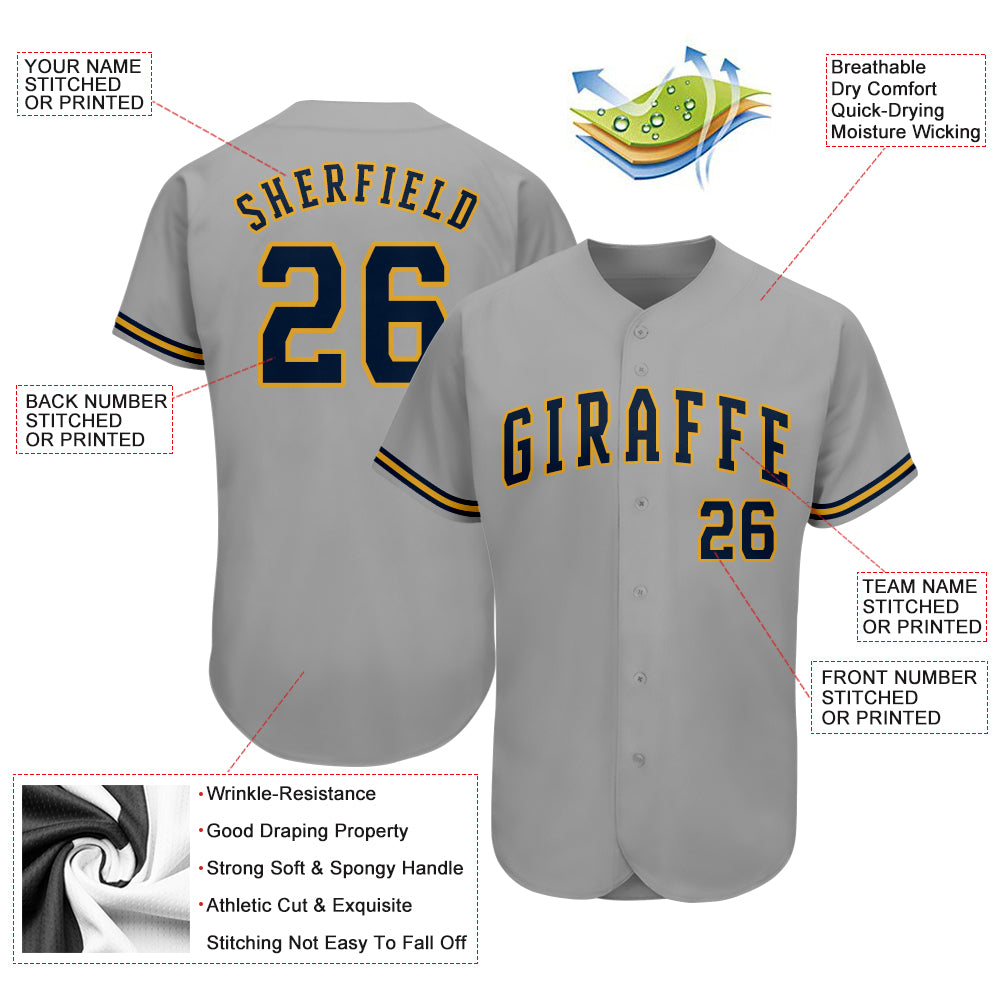 Custom Gray Navy-Old Gold Authentic Baseball Jersey