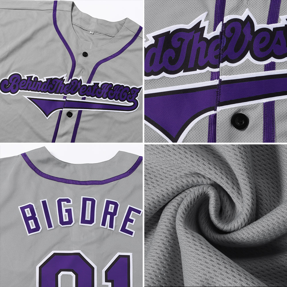 Custom Gray Purple-Black Authentic Baseball Jersey Youth Size:L