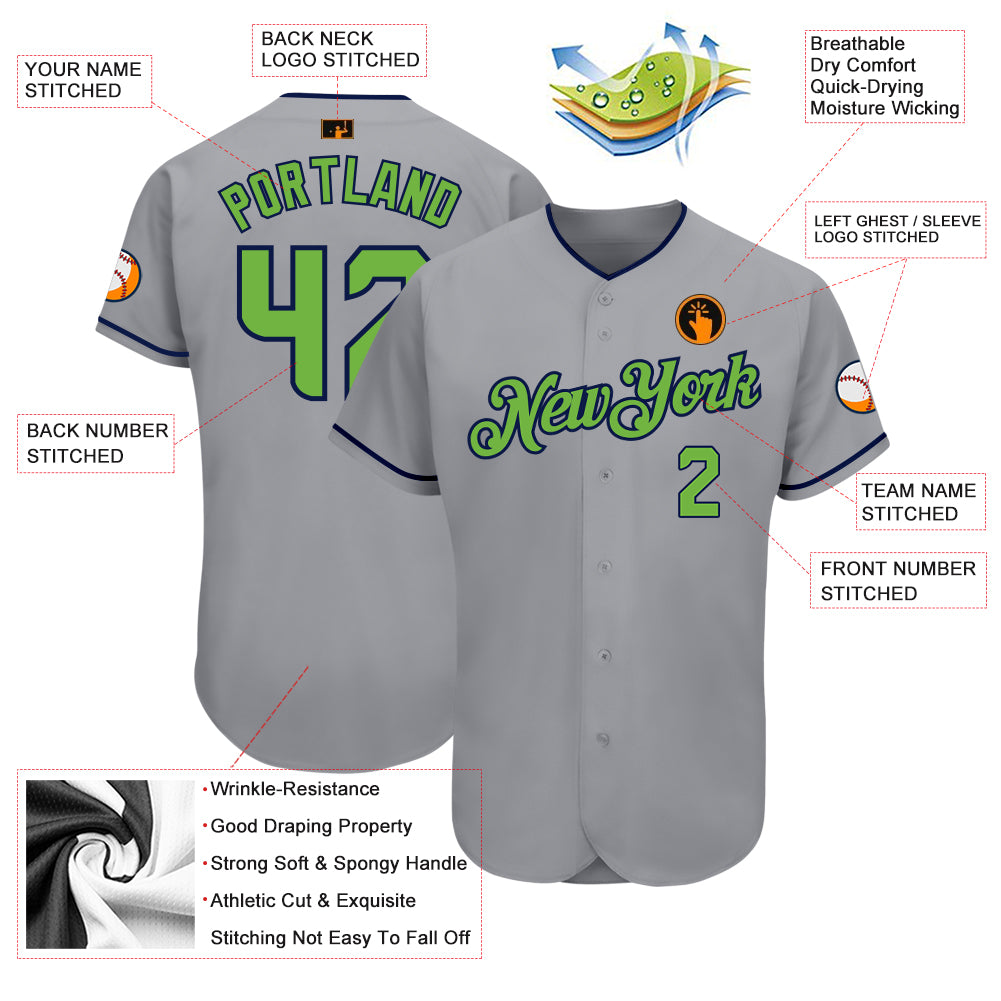 Custom Gray Neon Green-Navy Authentic Baseball Jersey Preschool Size:M