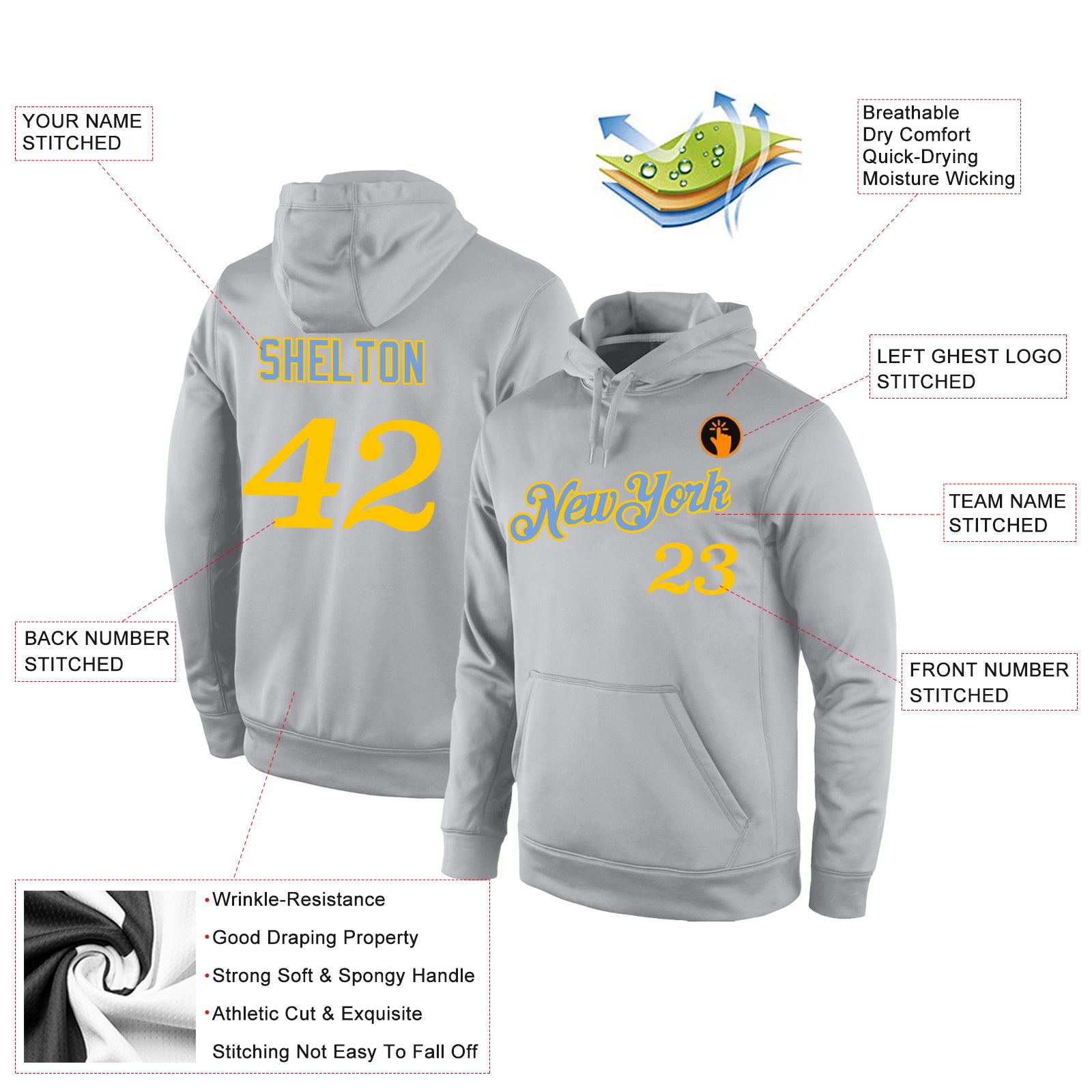 Custom Stitched Gray Gold Sports Pullover Sweatshirt Hoodie