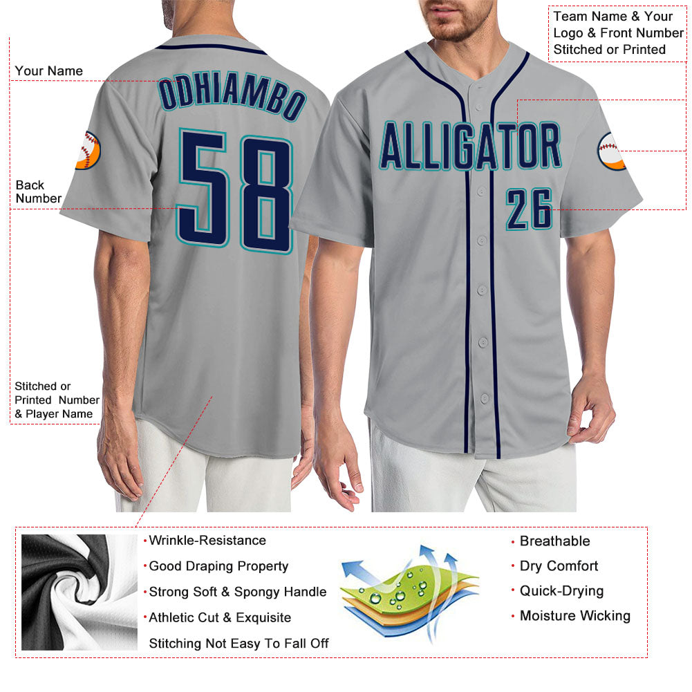 Custom Gray Navy-Teal Authentic Baseball Jersey