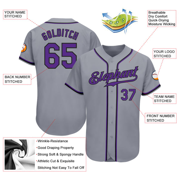 Custom Baseball Jersey Gray Purple-Black Authentic Men's Size:3XL