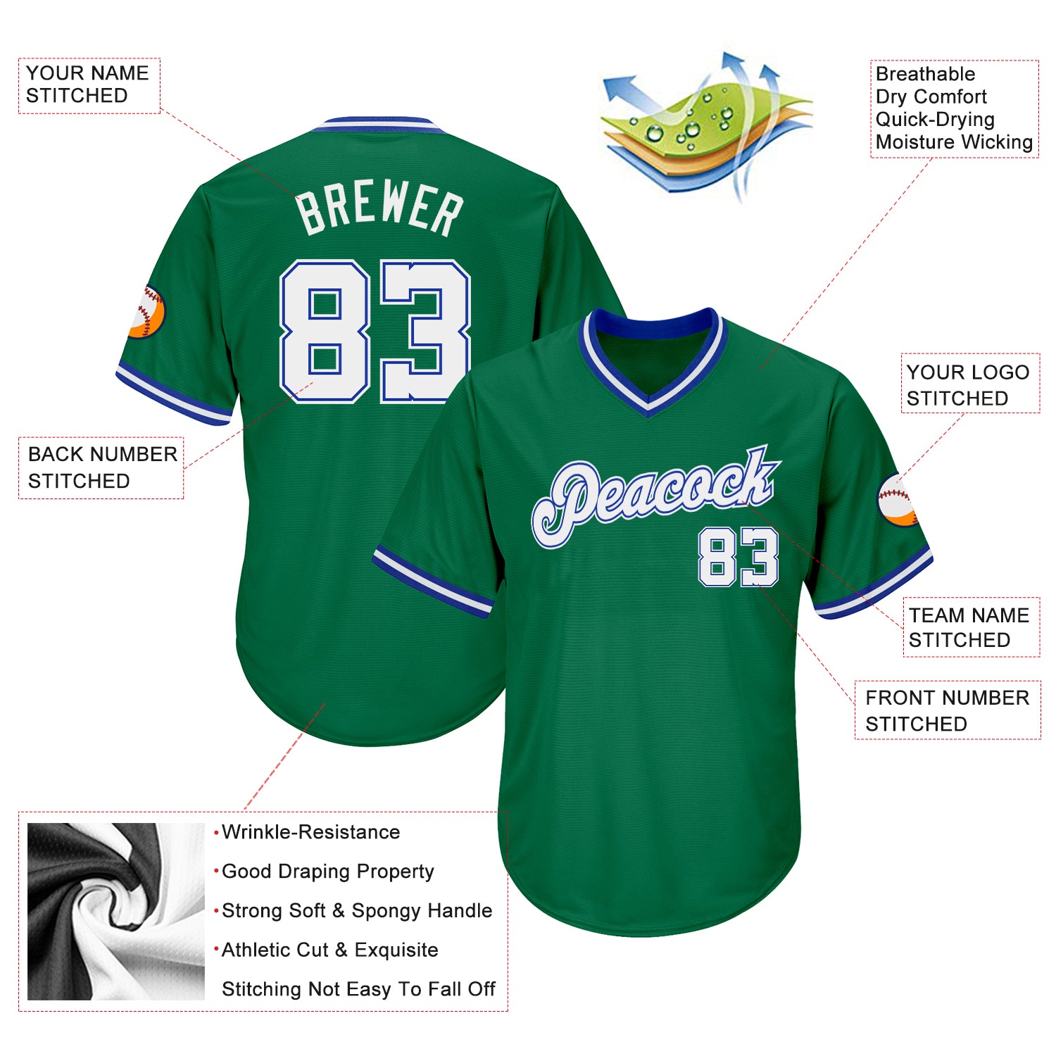 Custom Kelly Green White-Royal Authentic Throwback Rib-Knit Baseball Jersey Shirt Men's Size:L