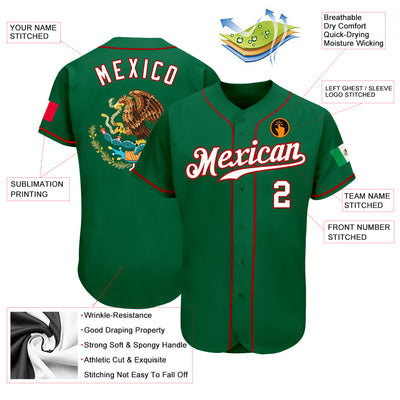 Custom Kelly Green White-Red Authentic Mexican Flag Fashion Baseball Jersey
