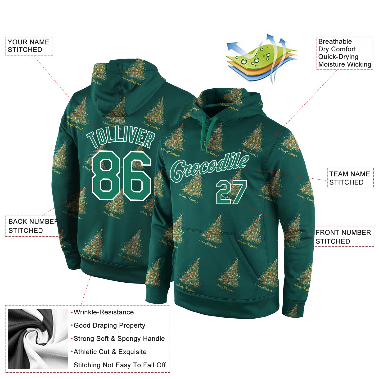 Custom Stitched Kelly Green Kelly Green-White Christmas 3D Sports Pullover Sweatshirt Hoodie