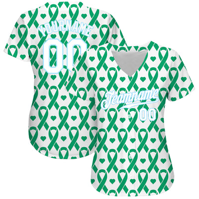 Custom Kelly Green White-Light Blue 3D Pattern Design Breast Cancer Authentic Baseball Jersey