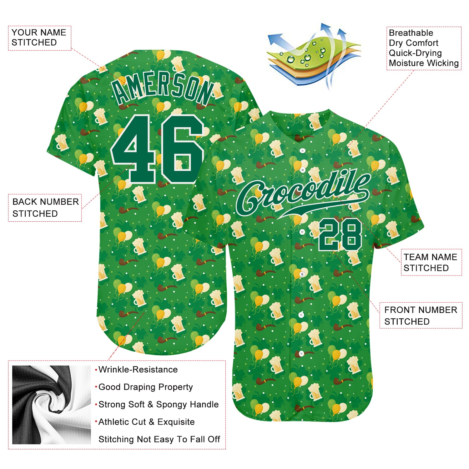 Custom Kelly Green Kelly Green-White 3D Pattern Design Authentic St. Patrick's Day Baseball Jersey