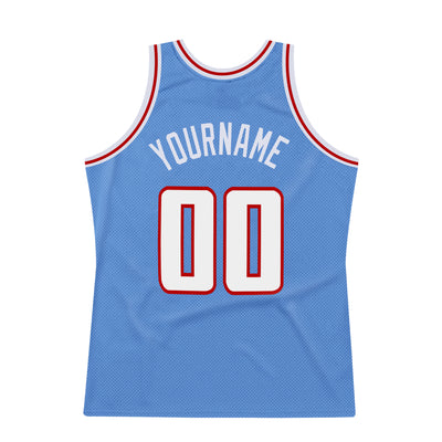 Custom Light Blue White-Red Authentic Throwback Basketball Jersey