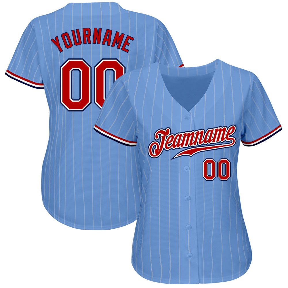 Custom Light Blue White Pinstripe Red-Navy Authentic Baseball Jersey