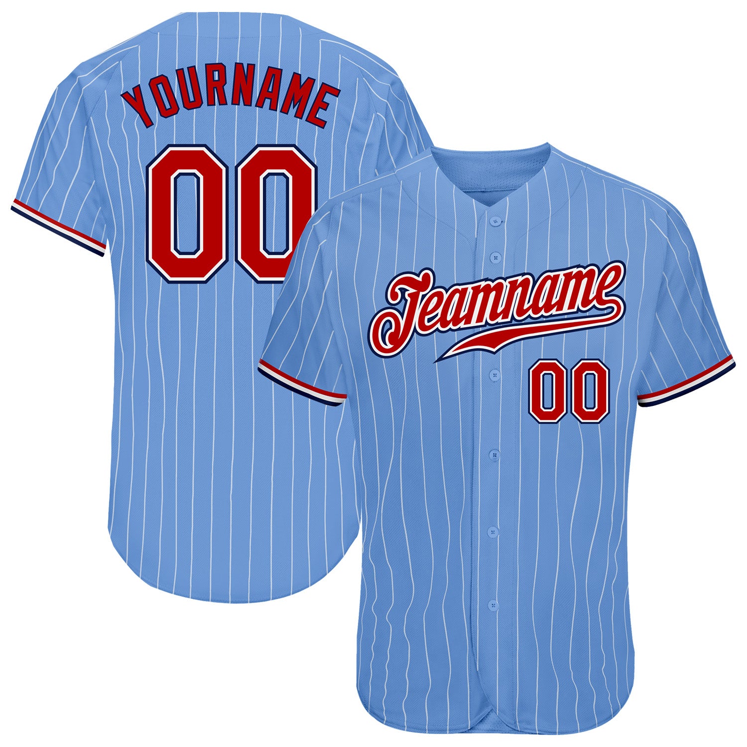 Custom Light Blue White Pinstripe Red-Navy Authentic Baseball Jersey Youth Size:M