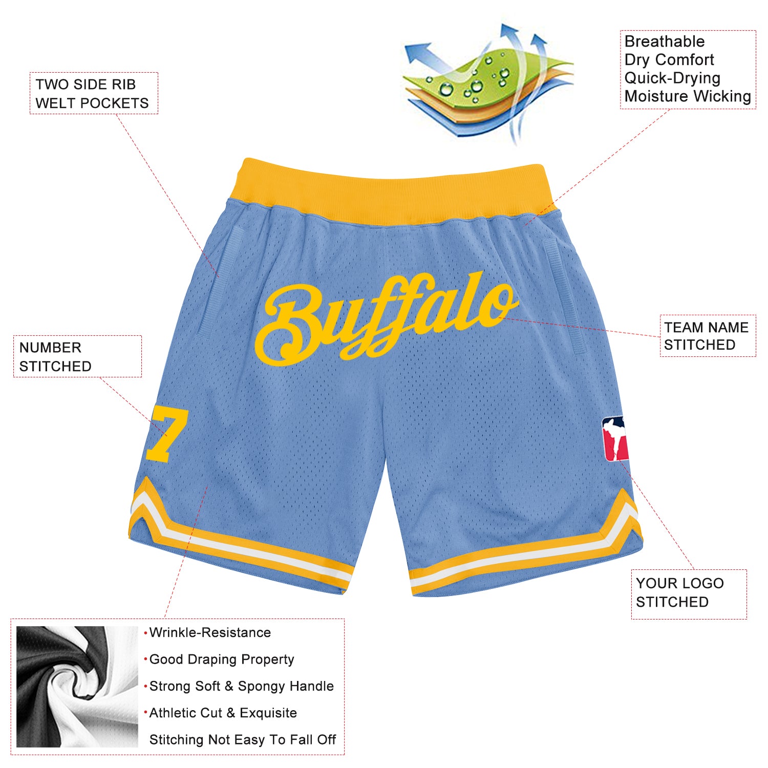 Custom Light Blue Gold Authentic Throwback Basketball Shorts