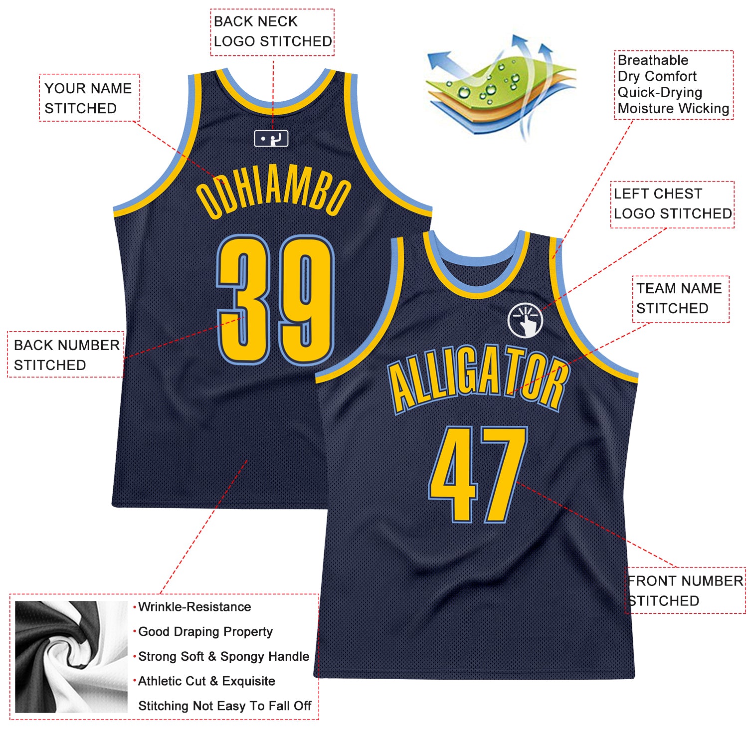 Custom Navy Gold-Light Blue Authentic Throwback Basketball Jersey