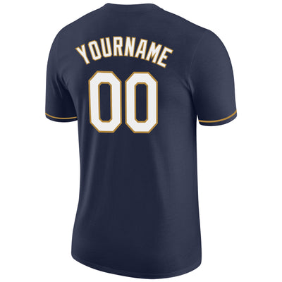 Custom Navy White-Old Gold Performance T-Shirt