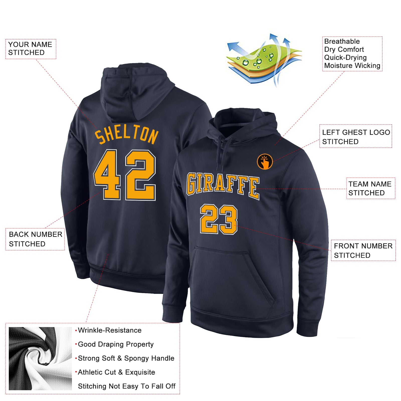 Custom Stitched Navy Gold-White Sports Pullover Sweatshirt Hoodie