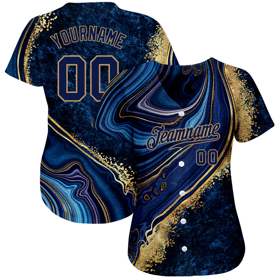 Custom Navy Navy-Old Gold 3D Pattern Design Marble Authentic Baseball Jersey