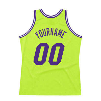 Custom Neon Green Purple-White Authentic Throwback Basketball Jersey