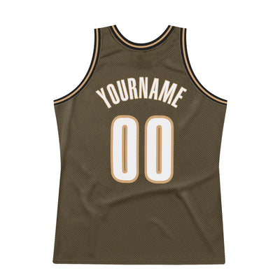 Custom Olive White-Old Gold Authentic Throwback Basketball Jersey