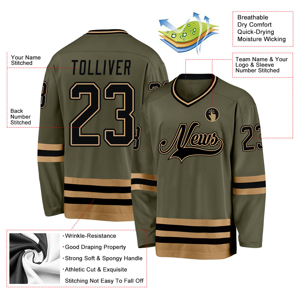 Custom Olive Black-Old Gold Salute To Service Hockey Jersey