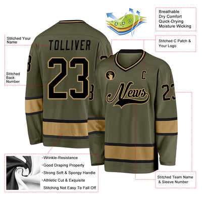 Custom Olive Black-Old Gold Salute To Service Hockey Jersey