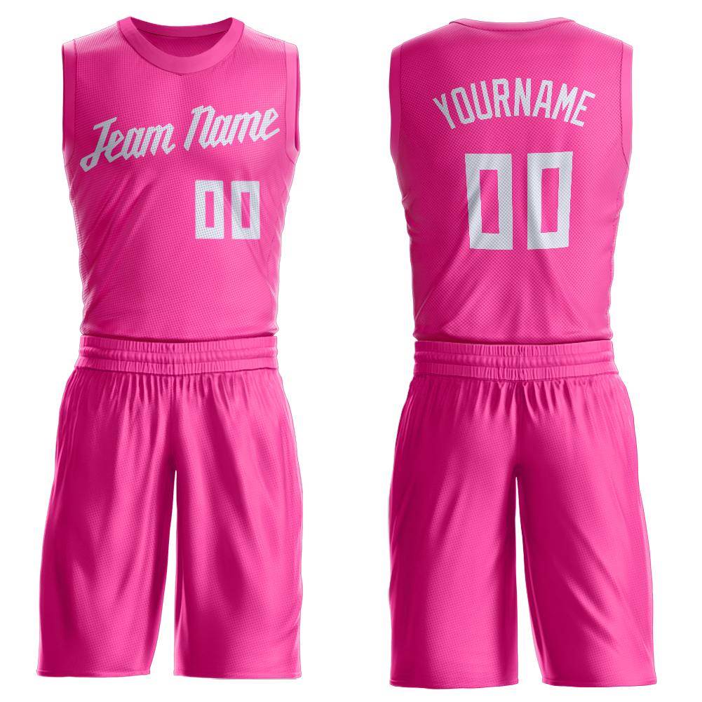 Custom Pink White Round Neck Suit Basketball Jersey Youth Size:M