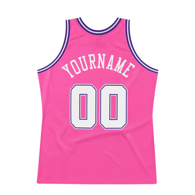 Custom Pink White-Purple Authentic Throwback Basketball Jersey