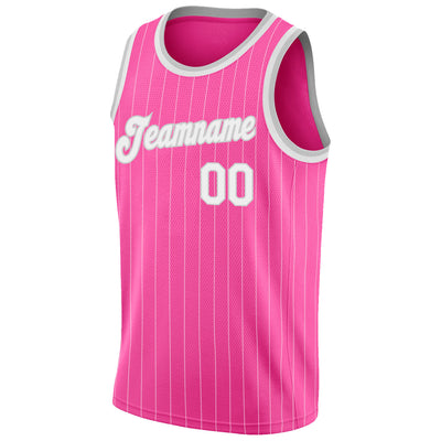 Custom Pink White Pinstripe White-Gray Authentic Basketball Jersey
