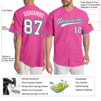Custom Pink White-Light Blue Authentic Baseball Jersey