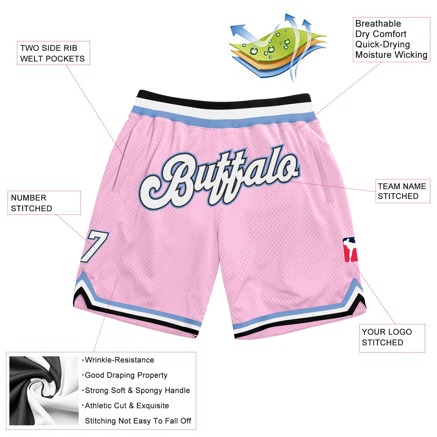 Custom Light Pink White-Light Blue Authentic Throwback Basketball Shorts