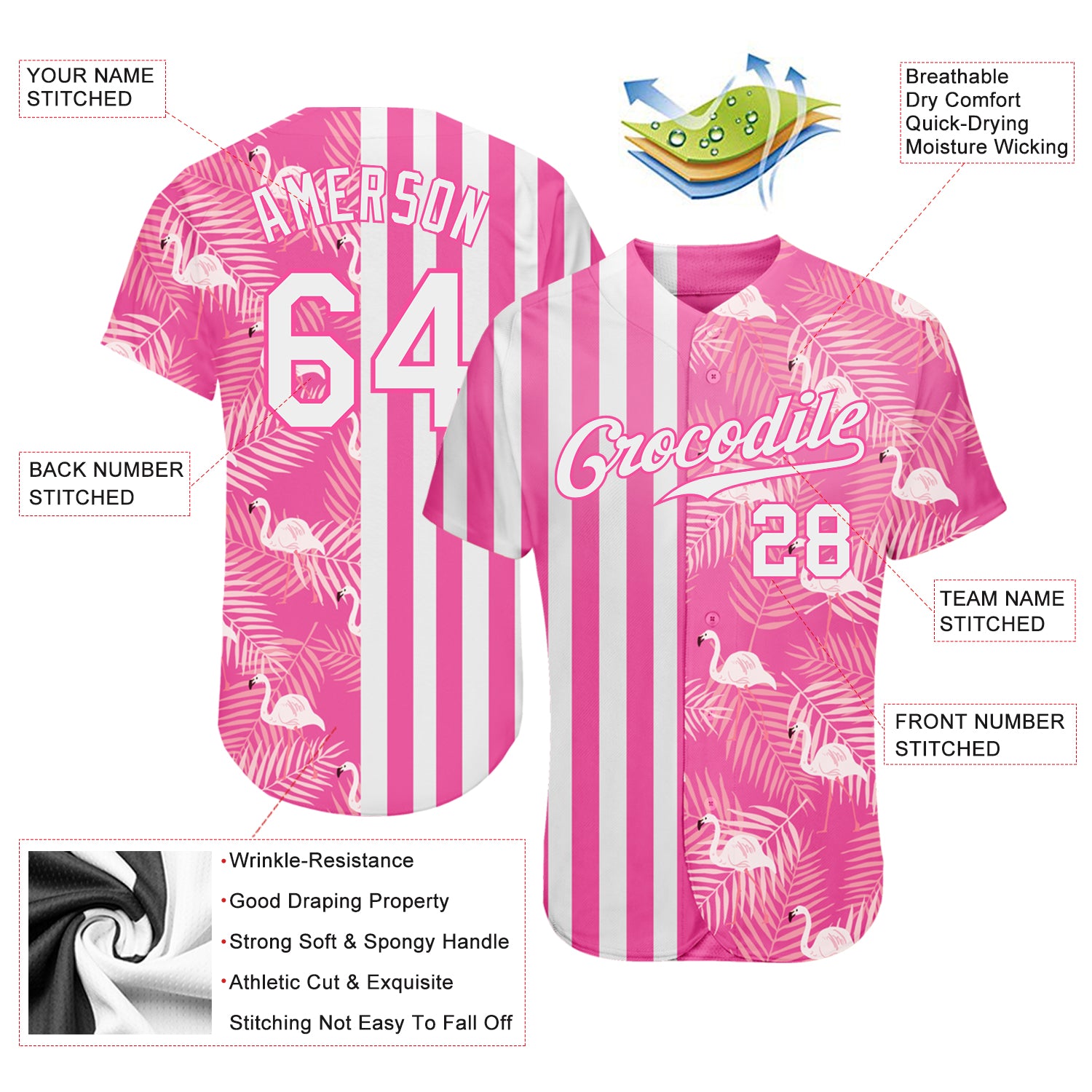 Custom Pink White 3D Pattern Design Tropical Palm Leaves And Famingo Authentic Baseball Jersey