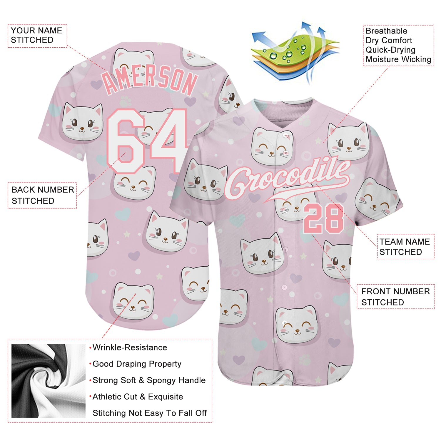 Custom Light Pink White-Light Pink 3D Pattern Design Cats Authentic Baseball Jersey