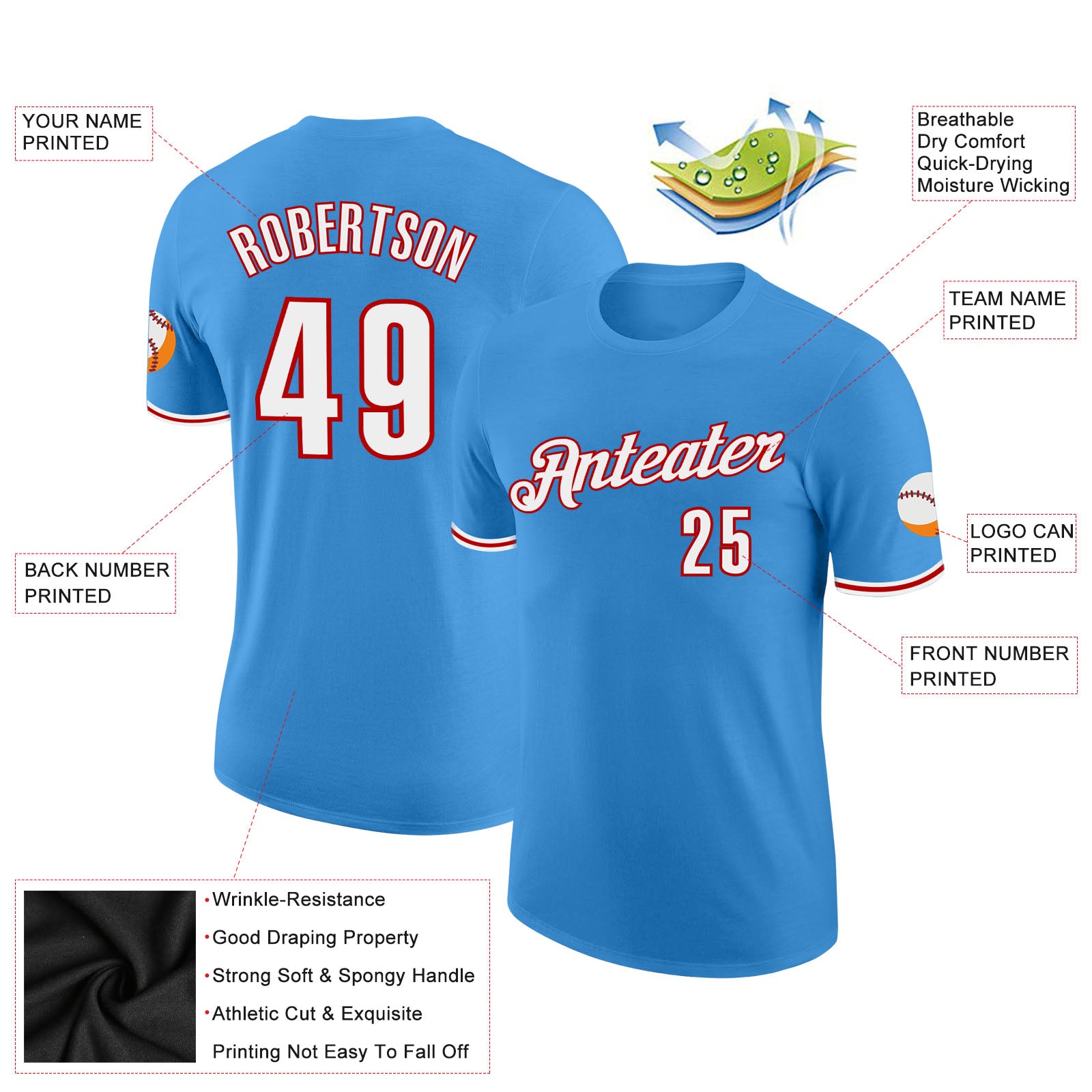 Custom Powder Blue White-Red Performance T-Shirt