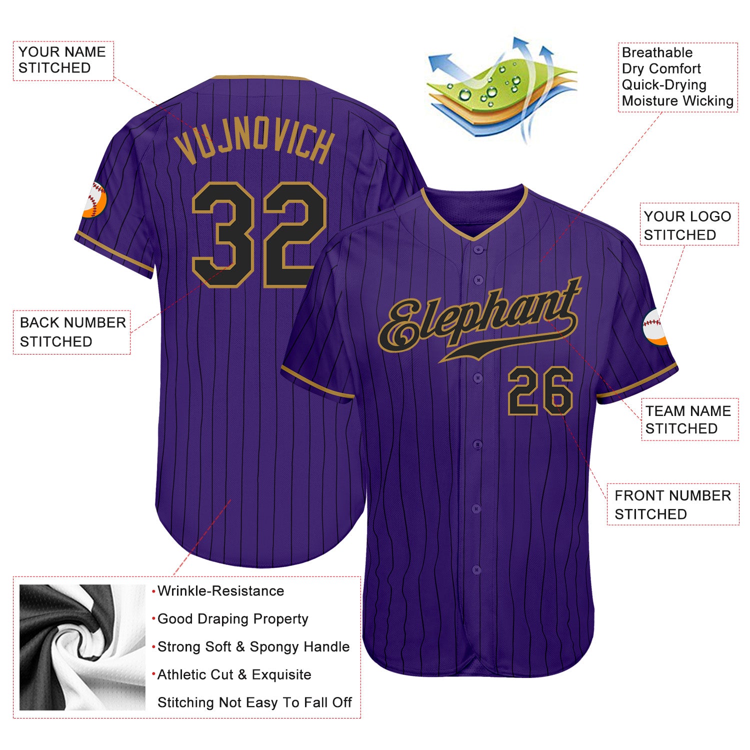 Custom Purple Black Pinstripe Black-Old Gold Authentic Baseball Jersey