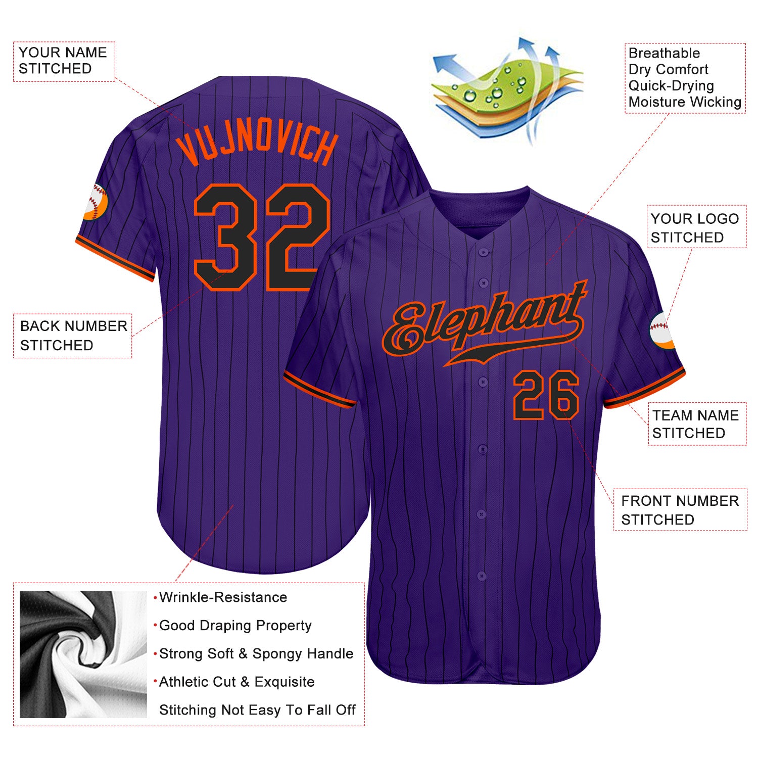 Custom Purple Black Pinstripe Black-Orange Authentic Baseball Jersey