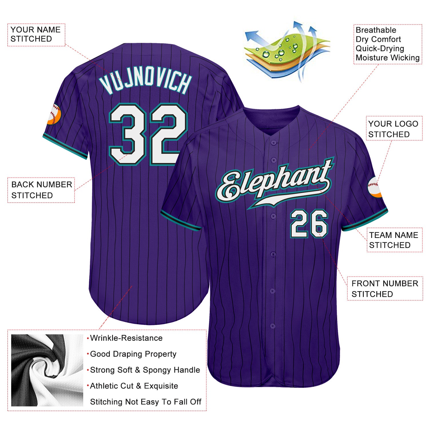 Custom Purple Black Pinstripe White-Teal Authentic Baseball Jersey