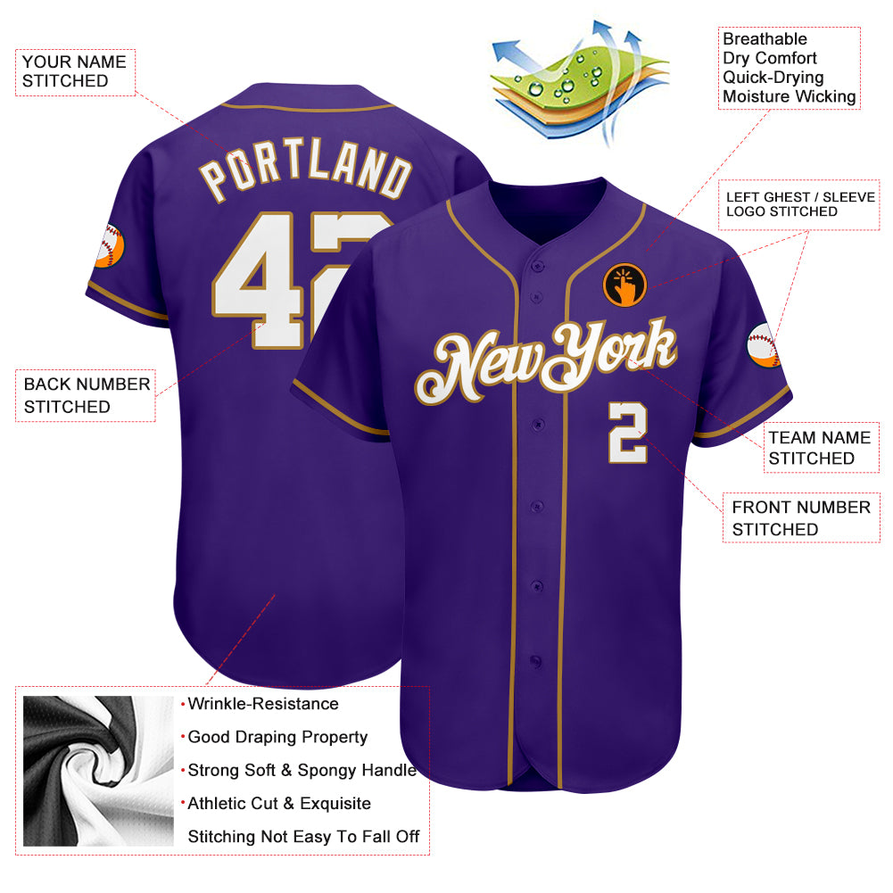 Custom Purple White-Old Gold Authentic Baseball Jersey