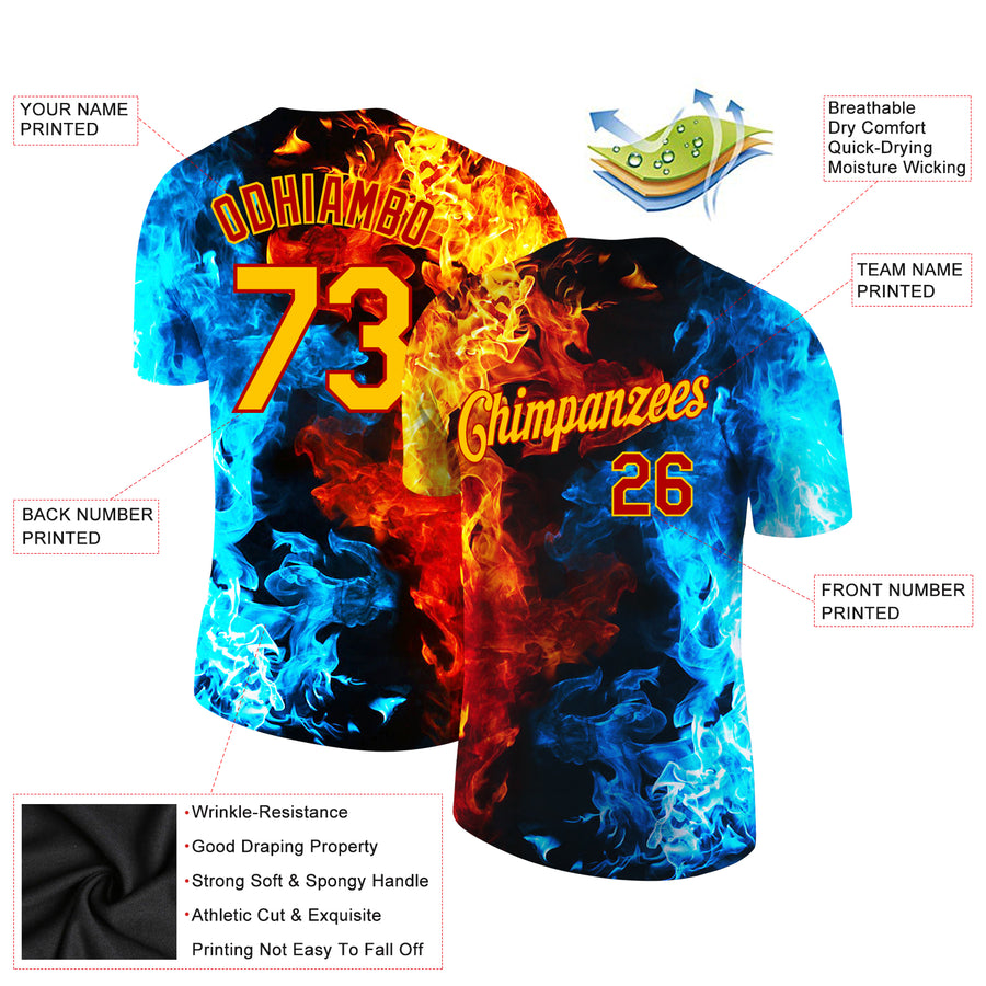 Custom Black Gold-Aqua 3D Pattern Design Flame Performance T-Shirt Discount
