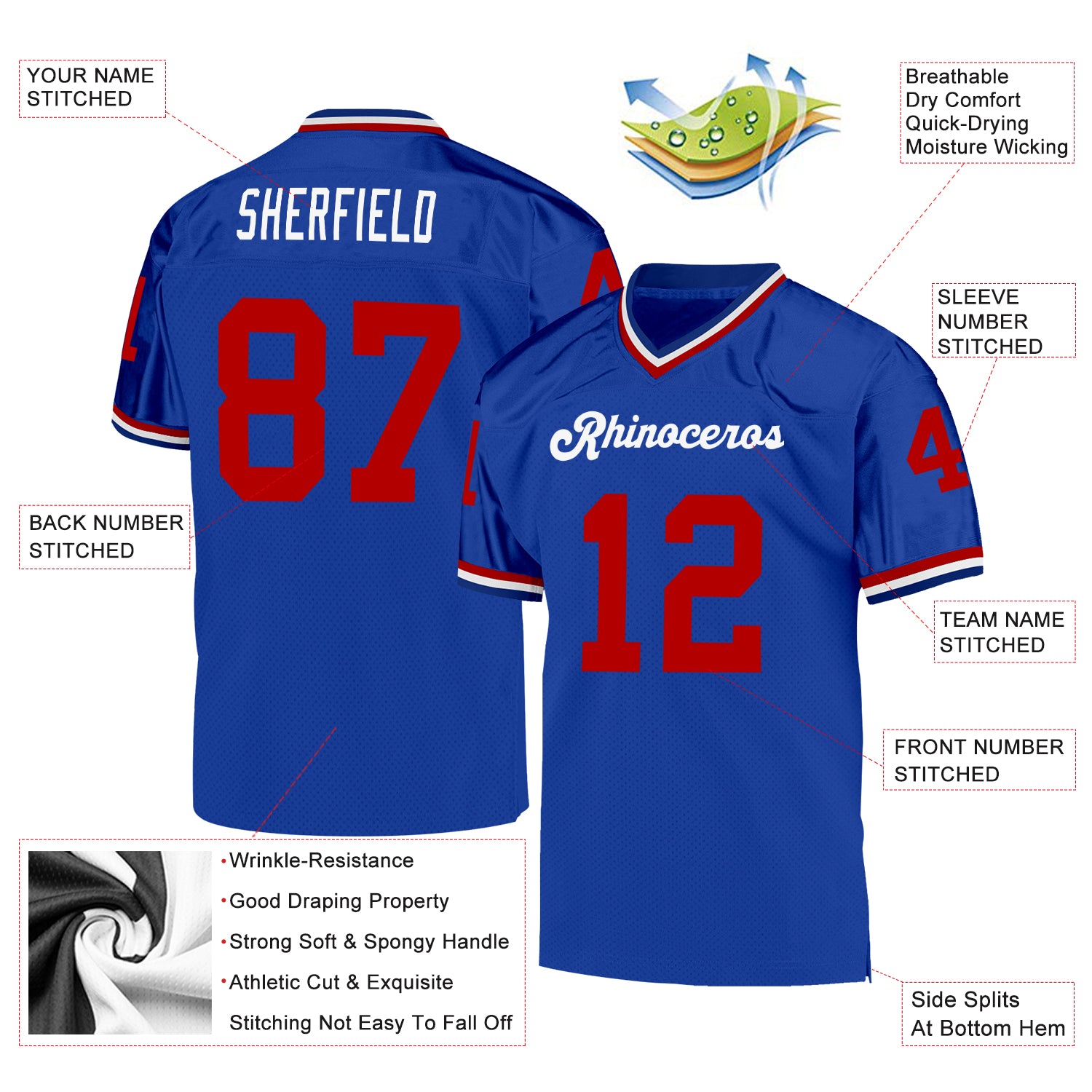 Custom Royal Red-White Mesh Authentic Throwback Football Jersey