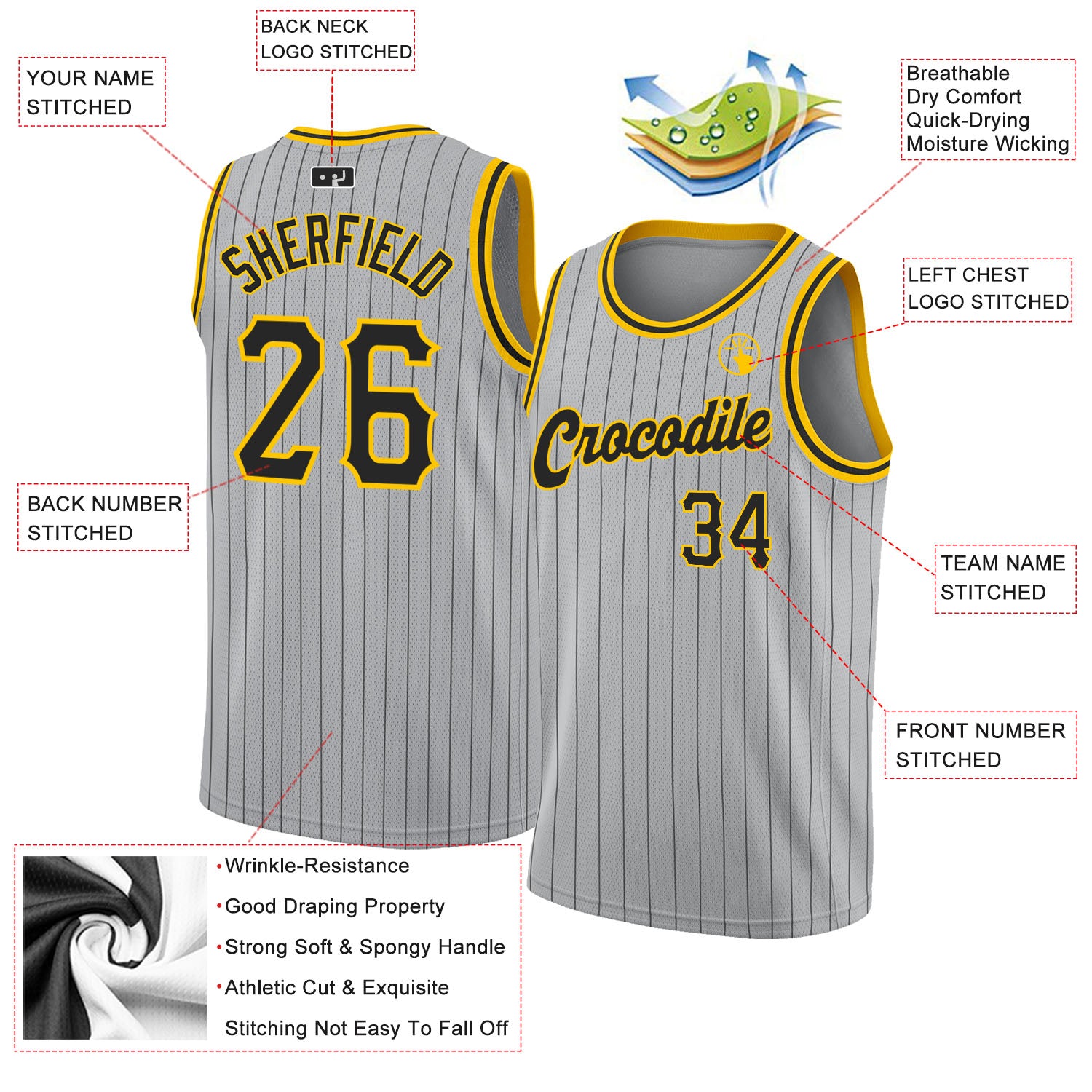 Custom Gray Black Pinstripe Black-Gold Authentic Basketball Jersey