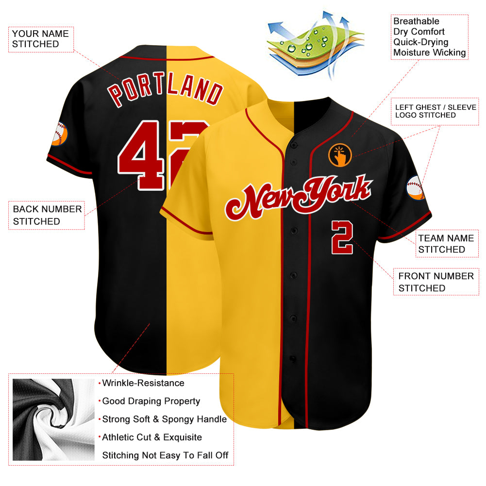 Custom Split Fashion Baseball Jersey Black Red-Yellow Authentic