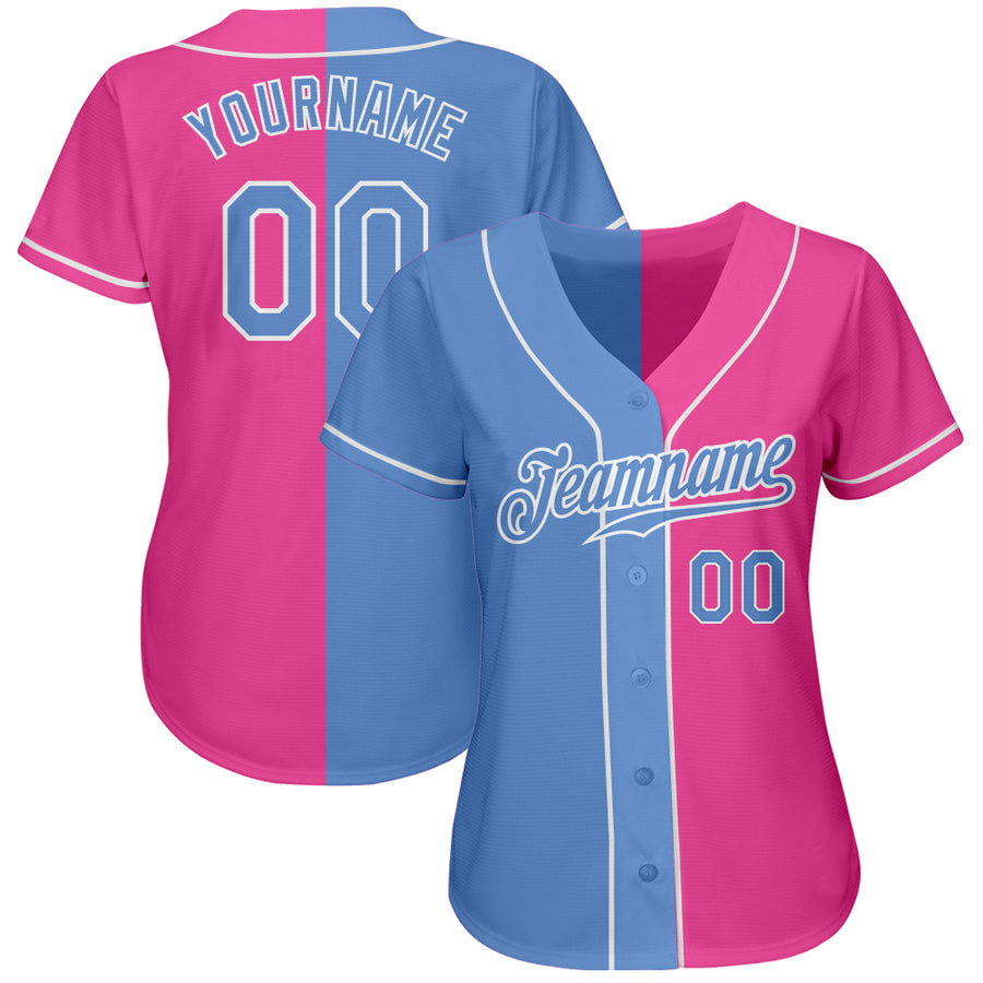 Custom Pink Light Blue-White Authentic Split Fashion Baseball Jersey