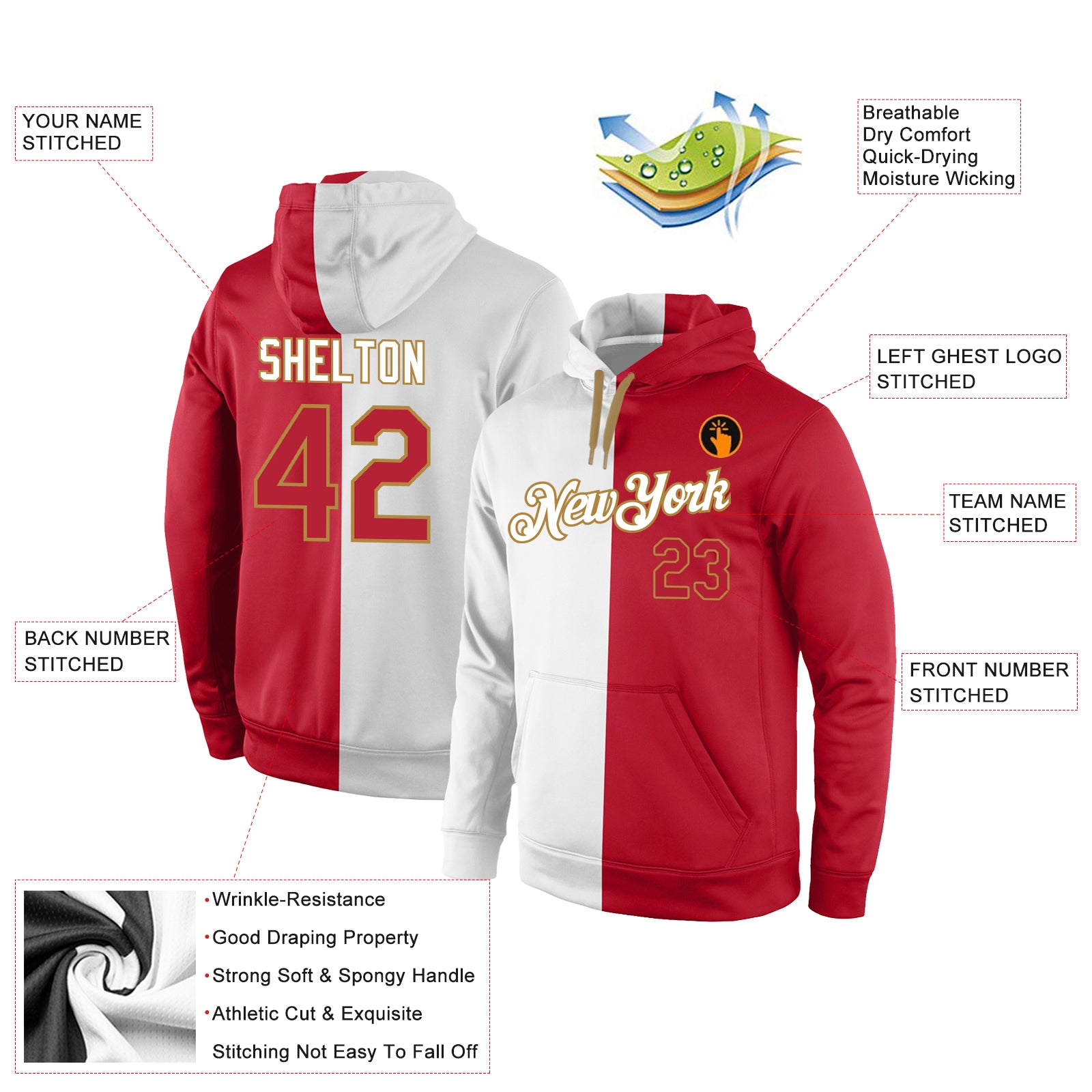 Custom Stitched White Red-Old Gold Split Fashion Sports Pullover Sweatshirt Hoodie