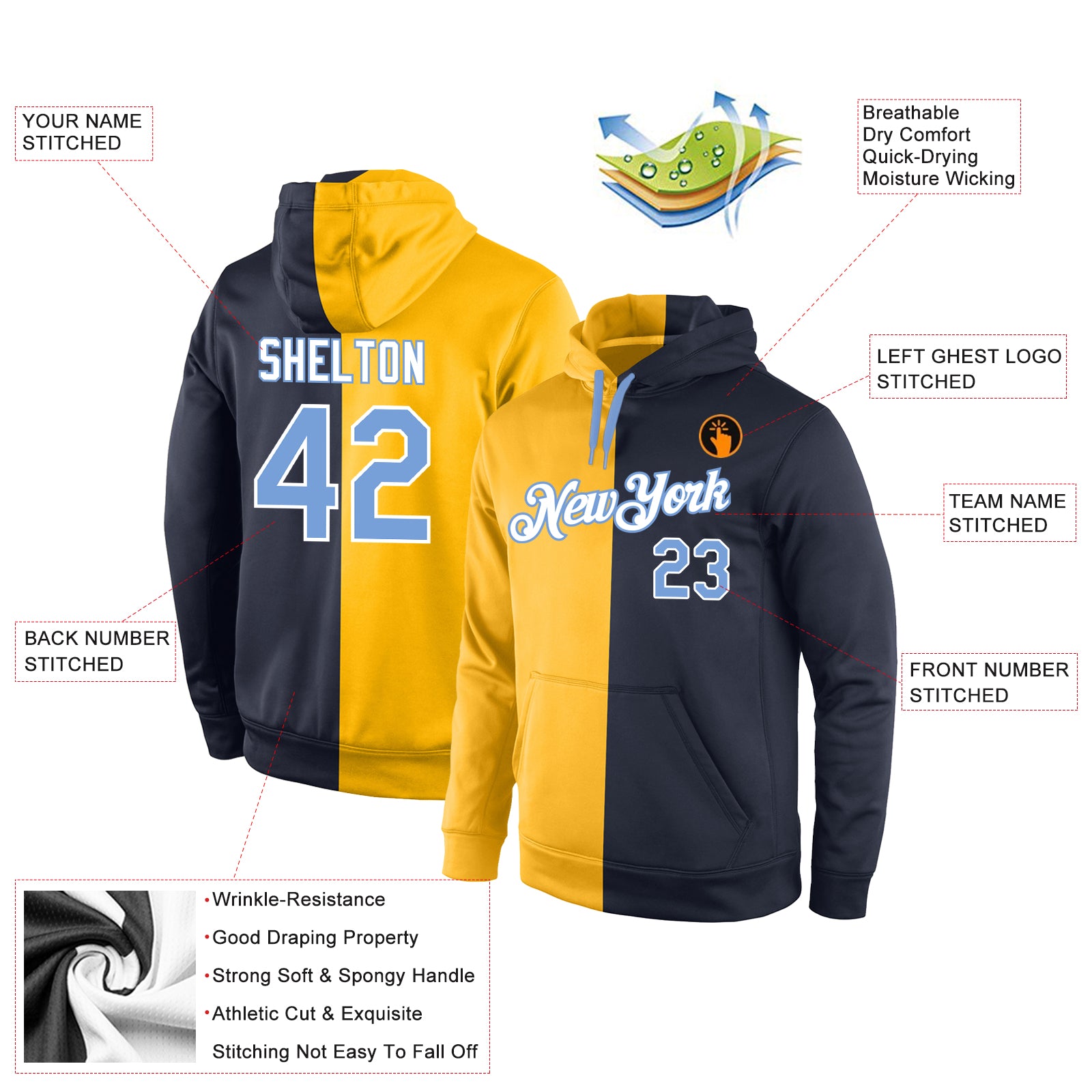 Custom Stitched Gold Light Blue-Navy Split Fashion Sports Pullover Sweatshirt Hoodie