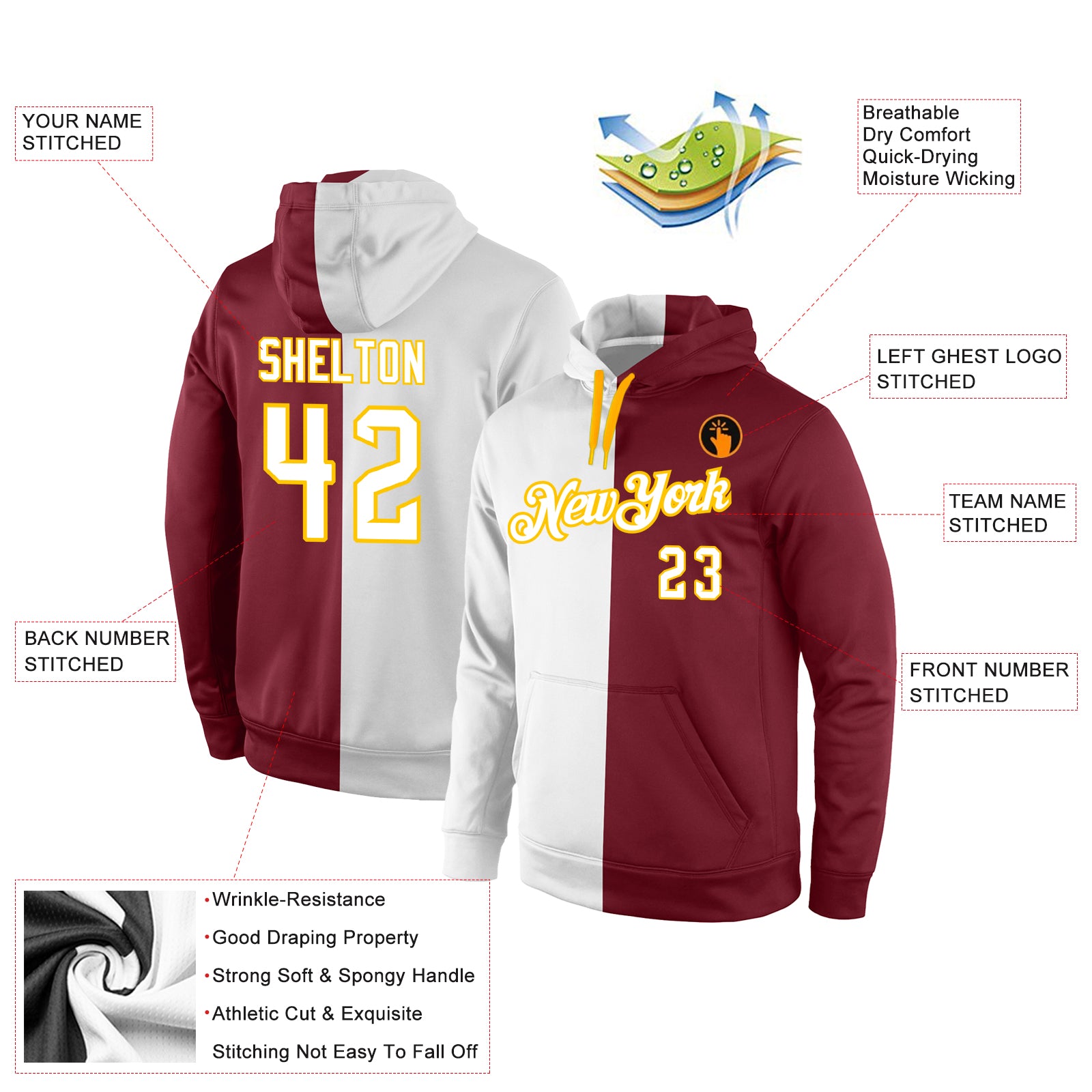 Custom Stitched Crimson White-Gold Split Fashion Sports Pullover Sweatshirt Hoodie
