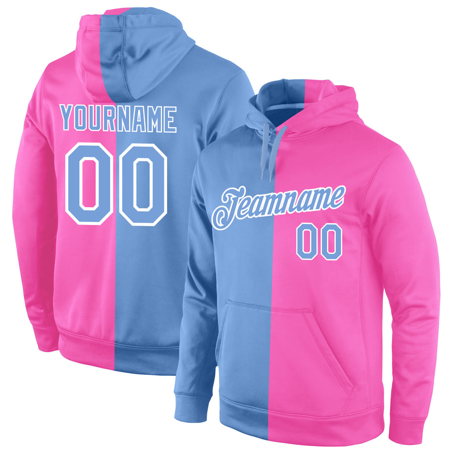 Custom Stitched Pink Light Blue-White Split Fashion Sports Pullover Sweatshirt Hoodie