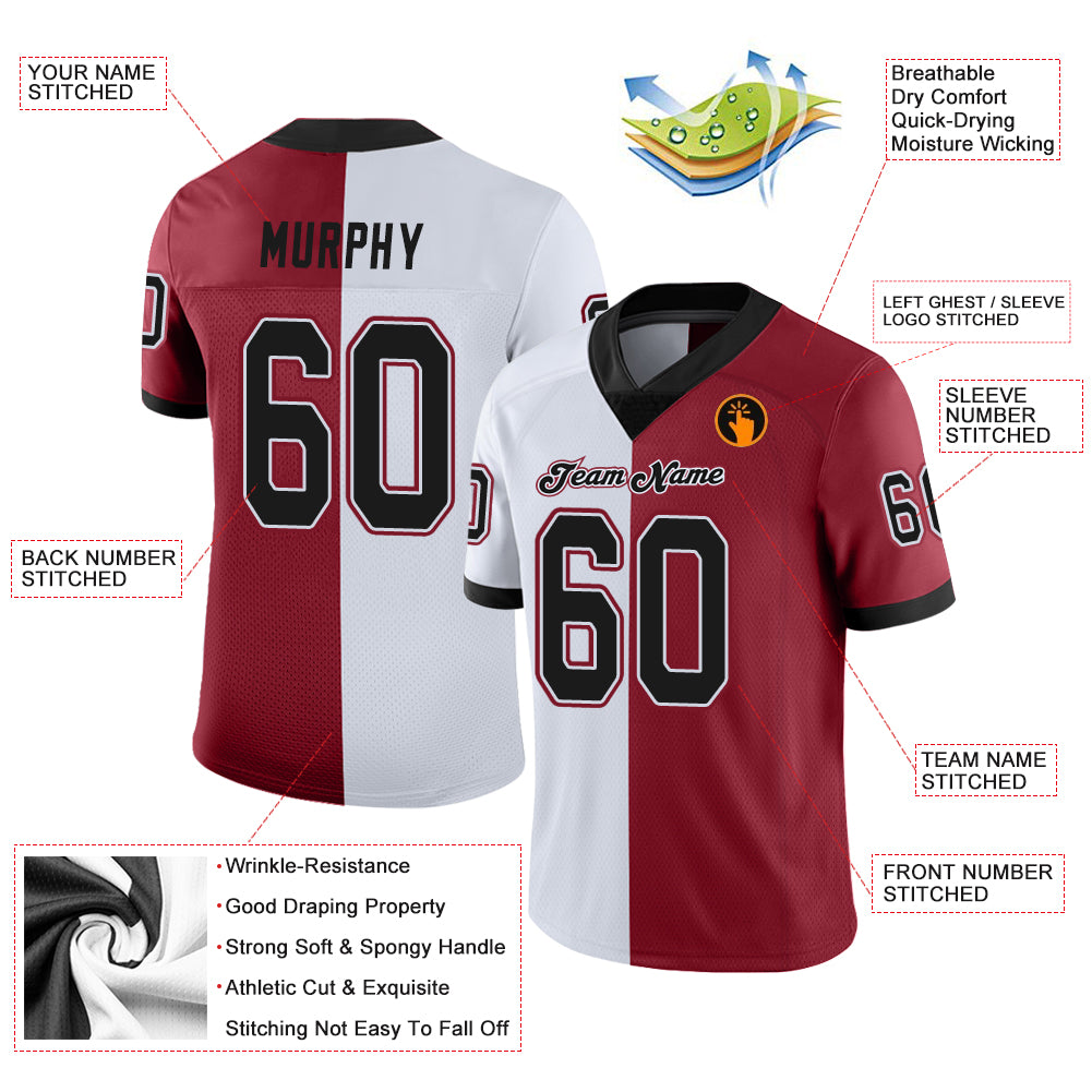 Custom Cardinal Black-White Split Fashion Football Jersey