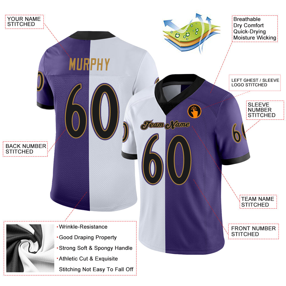 Custom Purple Black-White Split Fashion Football Jersey